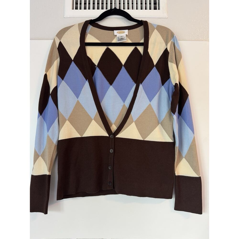 Talbots Women's Preppy Argyle Cardigan Sweater Diamond Size M V-Neck Academic - Picture 2 of 10